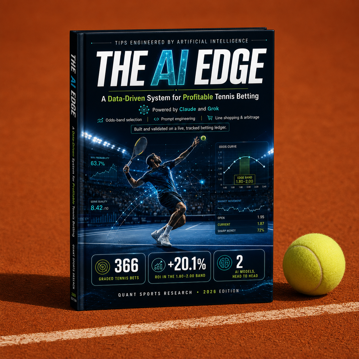 The AI Edge ebook displayed as a premium hardcover beside a tennis ball on a clay court